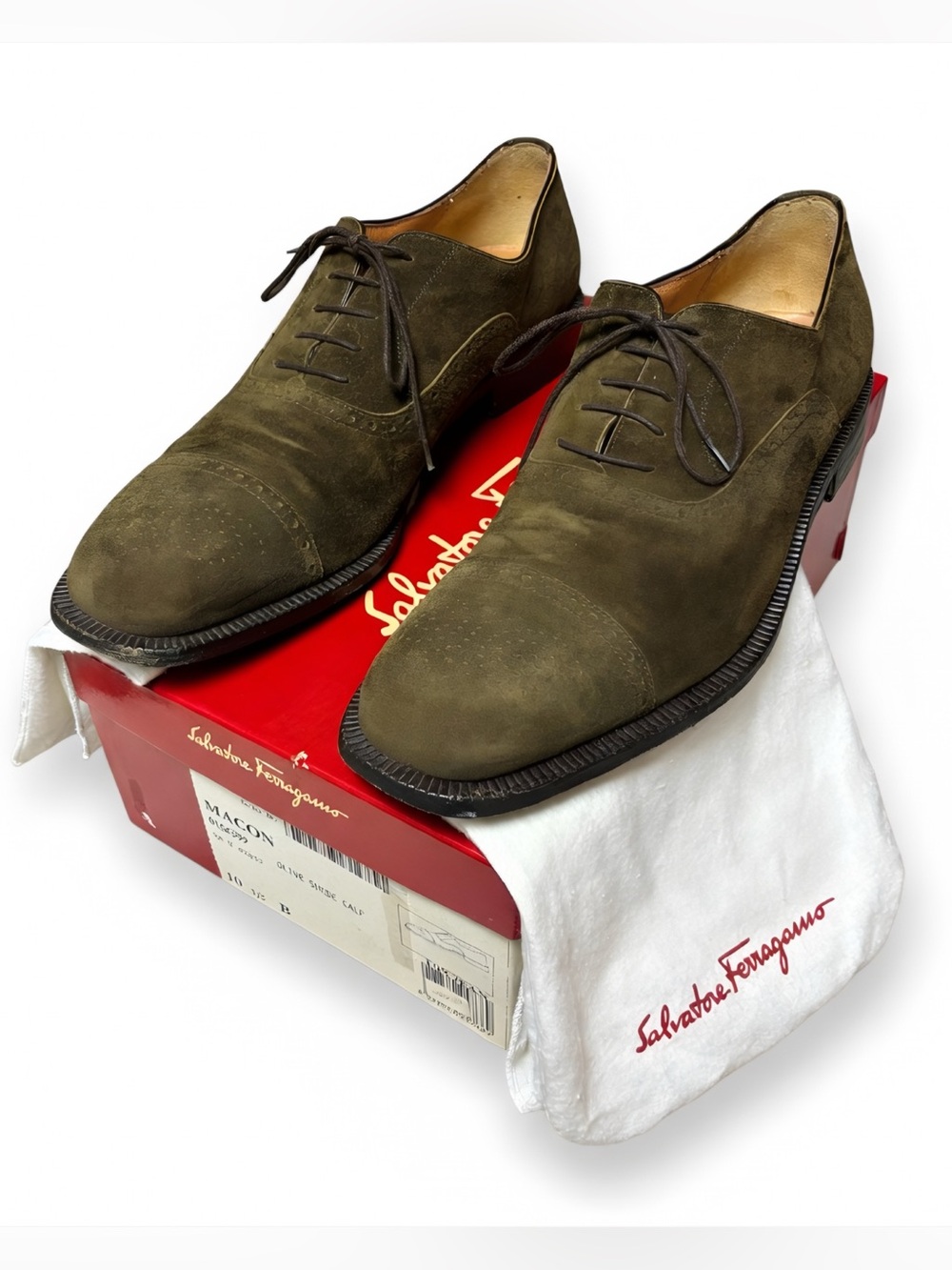 Salvatore Ferragamo "Macon" Olive Suede Calf Oxfords